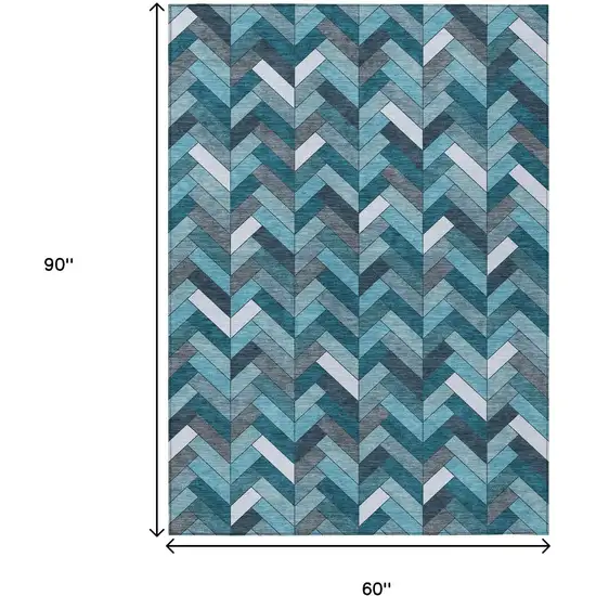 Teal Blue And Ivory Geometric Washable Indoor Outdoor Area Rug Photo 3