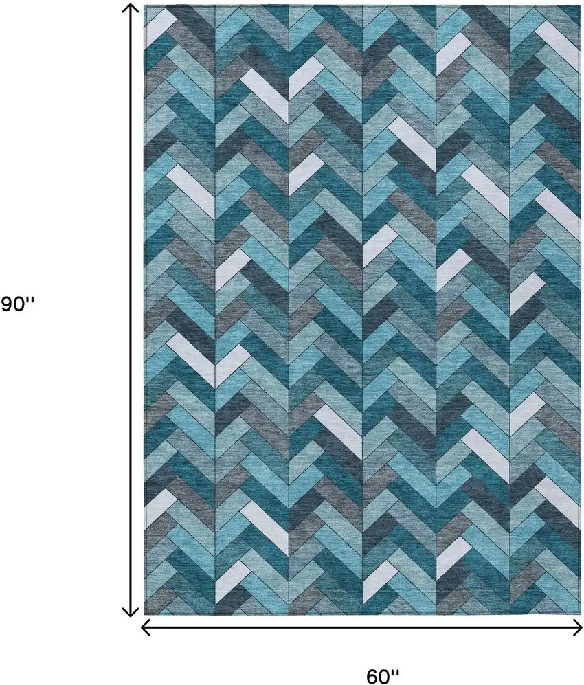 Teal Blue And Ivory Geometric Washable Indoor Outdoor Area Rug Photo 3