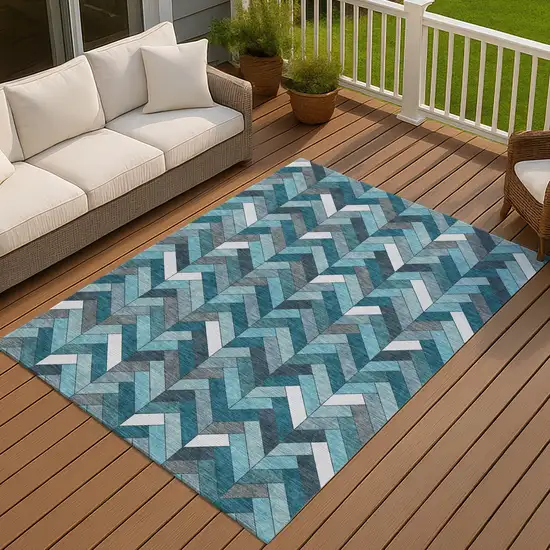 Teal Blue And Ivory Geometric Washable Indoor Outdoor Area Rug Photo 8