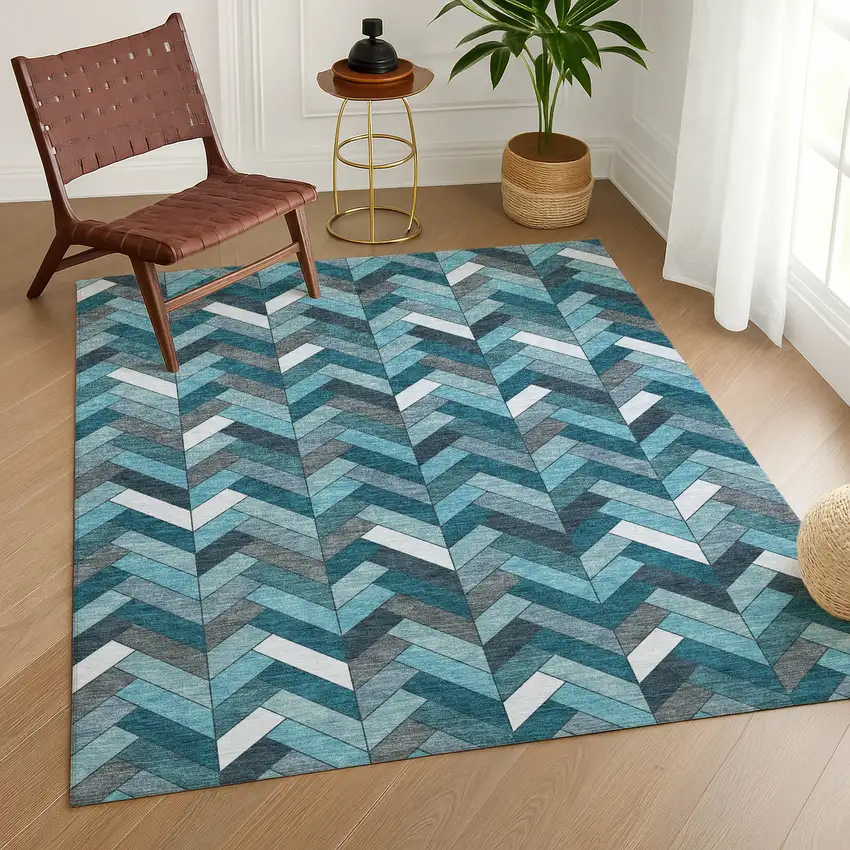 Teal Blue And Ivory Geometric Washable Indoor Outdoor Area Rug Photo 9
