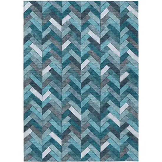 Teal Blue And Ivory Geometric Washable Indoor Outdoor Area Rug Photo 2