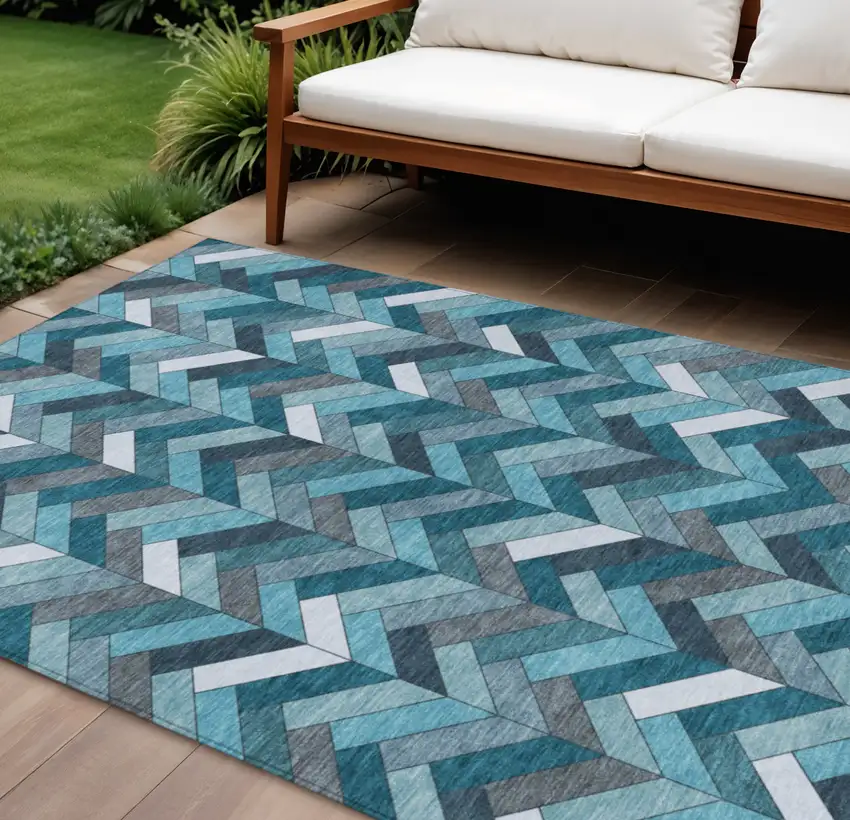 Teal Blue And Ivory Geometric Washable Indoor Outdoor Area Rug Photo 1