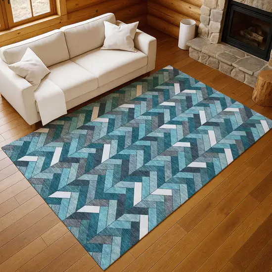 Teal Blue And Ivory Geometric Washable Indoor Outdoor Area Rug Photo 9