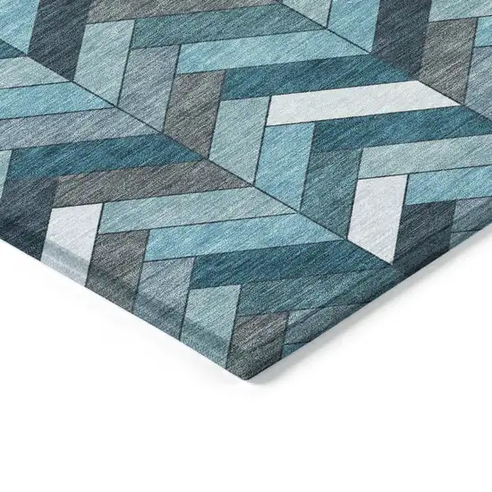 Teal Blue And Ivory Geometric Washable Indoor Outdoor Area Rug Photo 6