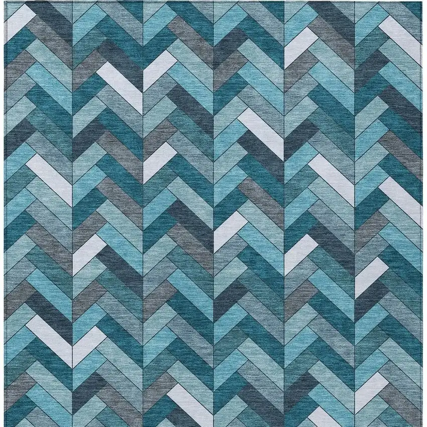 Teal Blue And Ivory Geometric Washable Indoor Outdoor Area Rug Photo 5