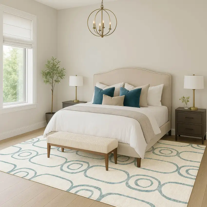 Teal Blue And Ivory Geometric Washable Indoor Outdoor Area Rug Photo 7