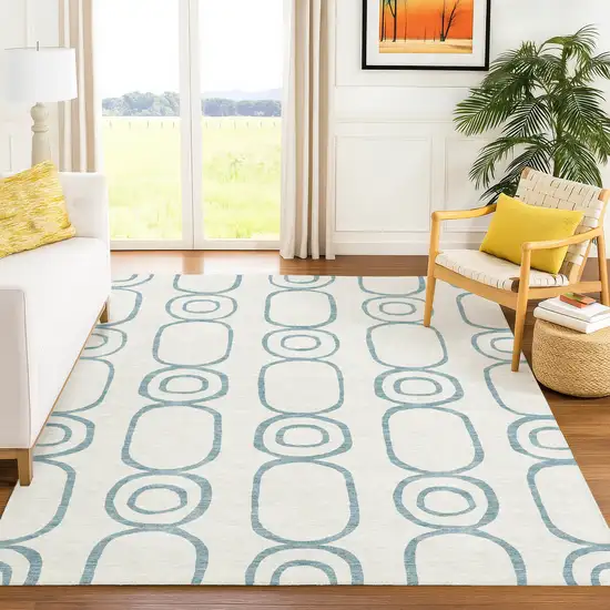 Teal Blue And Ivory Geometric Washable Indoor Outdoor Area Rug Photo 8