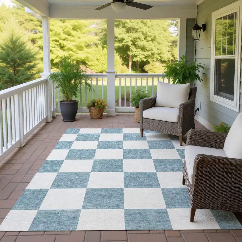 Teal Blue And Ivory Geometric Washable Indoor Outdoor Area Rug Photo 9