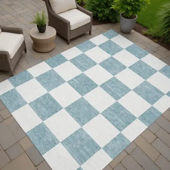Teal Blue And Ivory Geometric Washable Indoor Outdoor Area Rug Photo 6