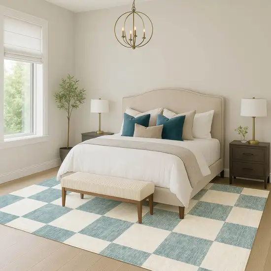 Teal Blue And Ivory Geometric Washable Indoor Outdoor Area Rug Photo 8