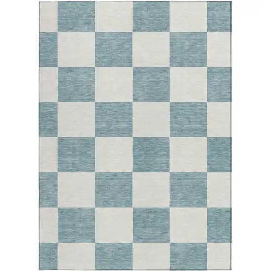 Teal Blue And Ivory Geometric Washable Indoor Outdoor Area Rug Photo 4