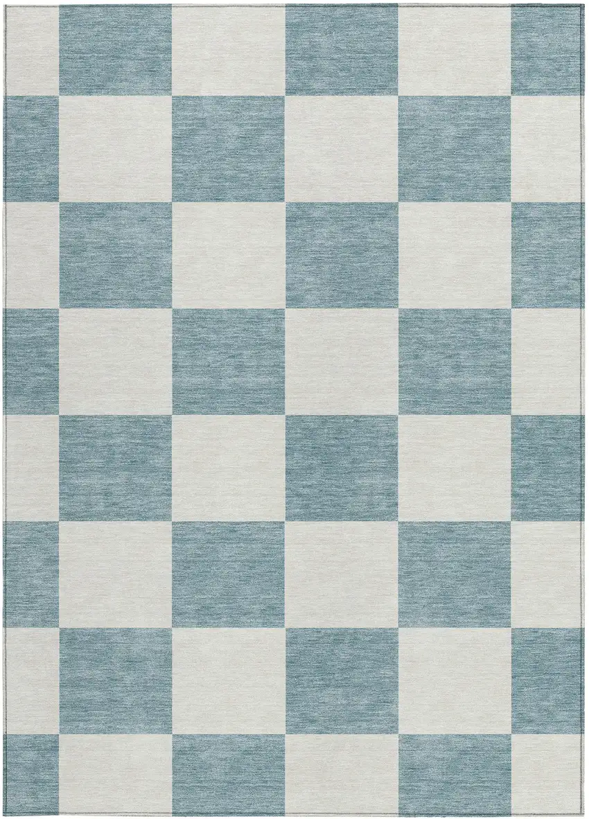 Teal Blue And Ivory Geometric Washable Indoor Outdoor Area Rug Photo 4