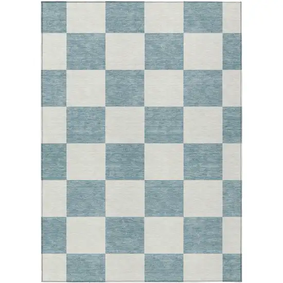 Teal Blue And Ivory Geometric Washable Indoor Outdoor Area Rug Photo 2