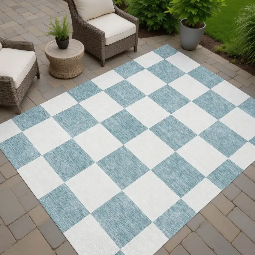 Teal Blue And Ivory Geometric Washable Indoor Outdoor Area Rug Photo 6
