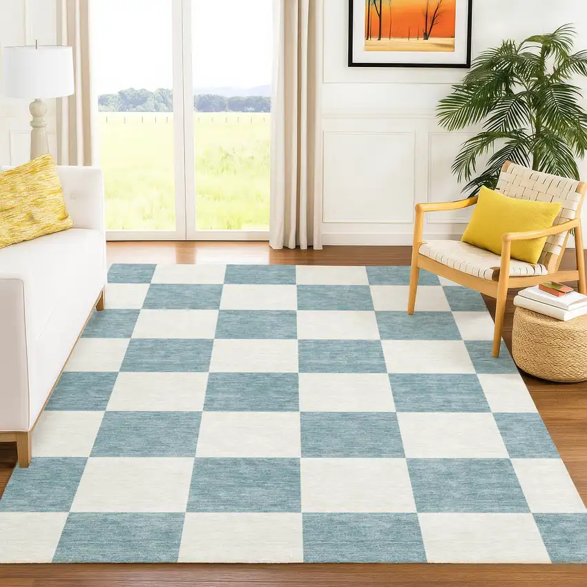Teal Blue And Ivory Geometric Washable Indoor Outdoor Area Rug Photo 8