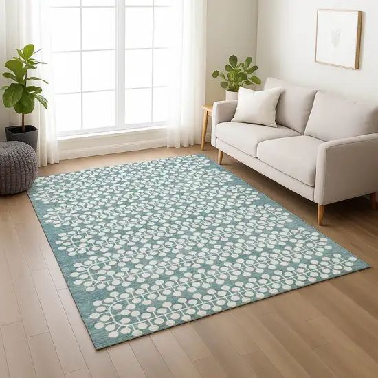 Teal Blue And Ivory Geometric Washable Indoor Outdoor Area Rug Photo 7