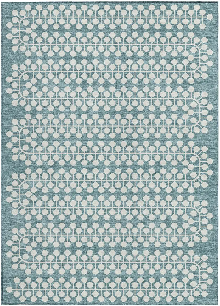 Teal Blue And Ivory Geometric Washable Indoor Outdoor Area Rug Photo 4