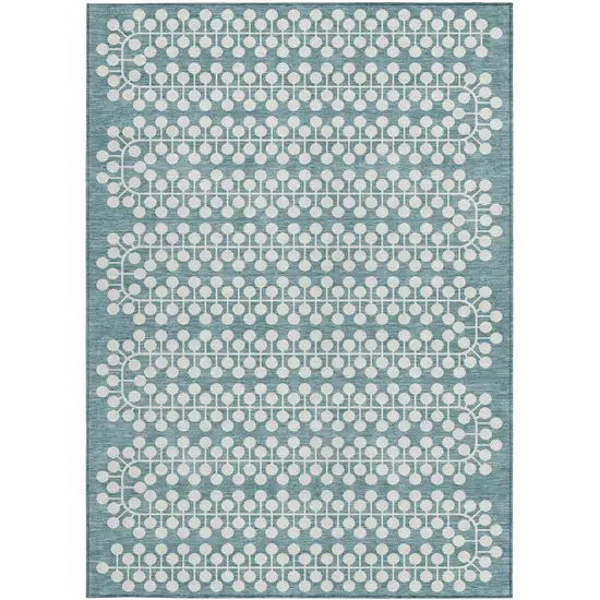 Teal Blue And Ivory Geometric Washable Indoor Outdoor Area Rug Photo 5