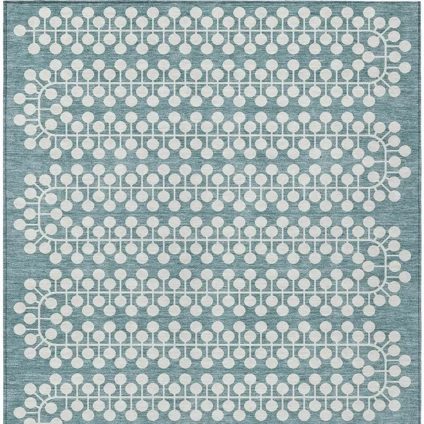 Teal Blue And Ivory Geometric Washable Indoor Outdoor Area Rug Photo 4