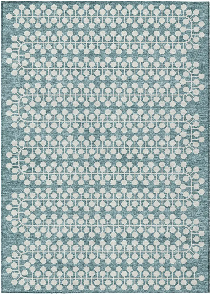 Teal Blue And Ivory Geometric Washable Indoor Outdoor Area Rug Photo 2