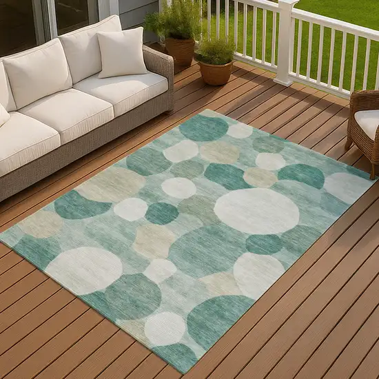 Teal Blue And Ivory Geometric Washable Indoor Outdoor Area Rug Photo 3