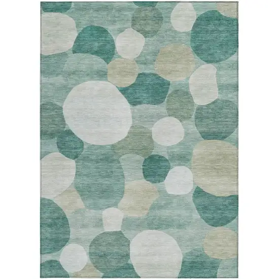 Teal Blue And Ivory Geometric Washable Indoor Outdoor Area Rug Photo 2