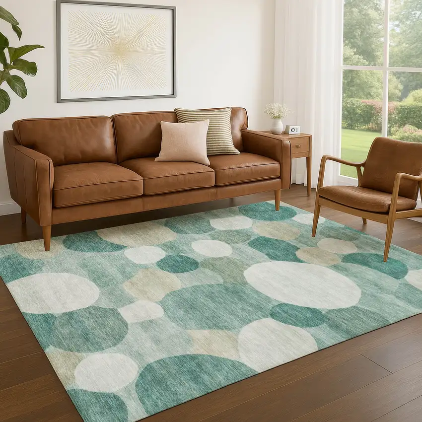 Teal Blue And Ivory Geometric Washable Indoor Outdoor Area Rug Photo 5