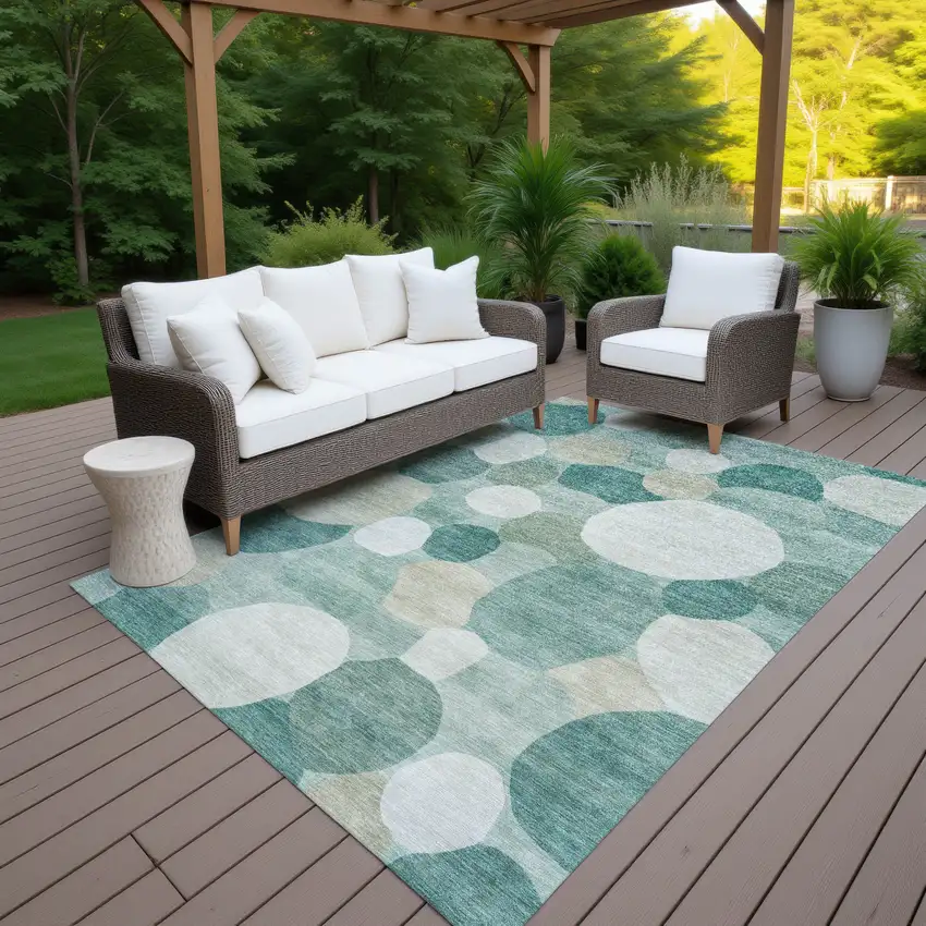 Teal Blue And Ivory Geometric Washable Indoor Outdoor Area Rug Photo 7