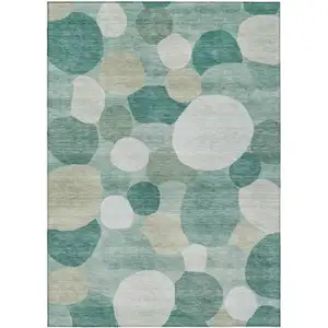 Photo of Teal Blue And Ivory Geometric Washable Indoor Outdoor Area Rug