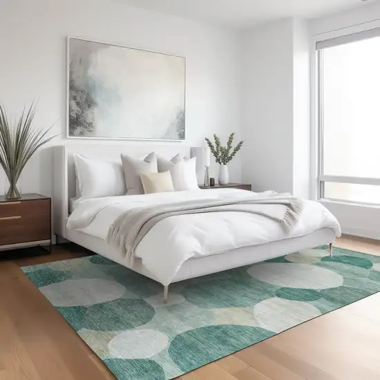 Teal Blue And Ivory Geometric Washable Indoor Outdoor Area Rug Photo 6