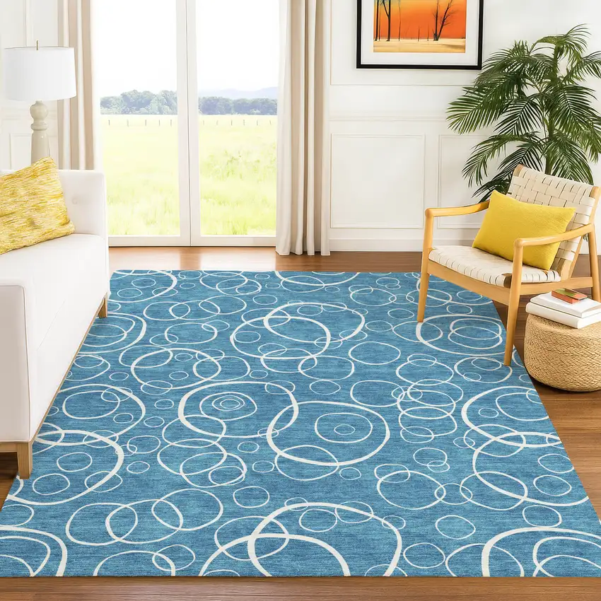 Teal Blue And Ivory Geometric Washable Indoor Outdoor Area Rug Photo 5
