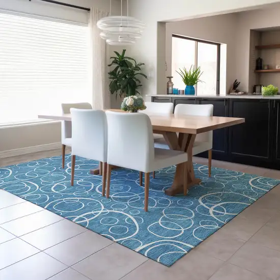 Teal Blue And Ivory Geometric Washable Indoor Outdoor Area Rug Photo 6