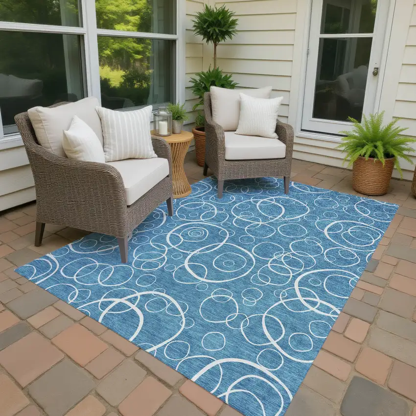 Teal Blue And Ivory Geometric Washable Indoor Outdoor Area Rug Photo 4