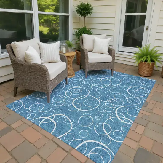 Teal Blue And Ivory Geometric Washable Indoor Outdoor Area Rug Photo 4