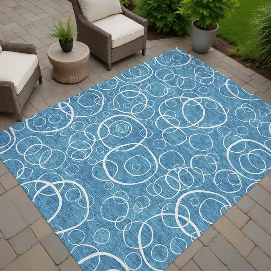 Teal Blue And Ivory Geometric Washable Indoor Outdoor Area Rug Photo 7