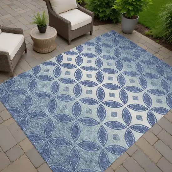 Teal Blue And Ivory Geometric Washable Indoor Outdoor Area Rug Photo 6
