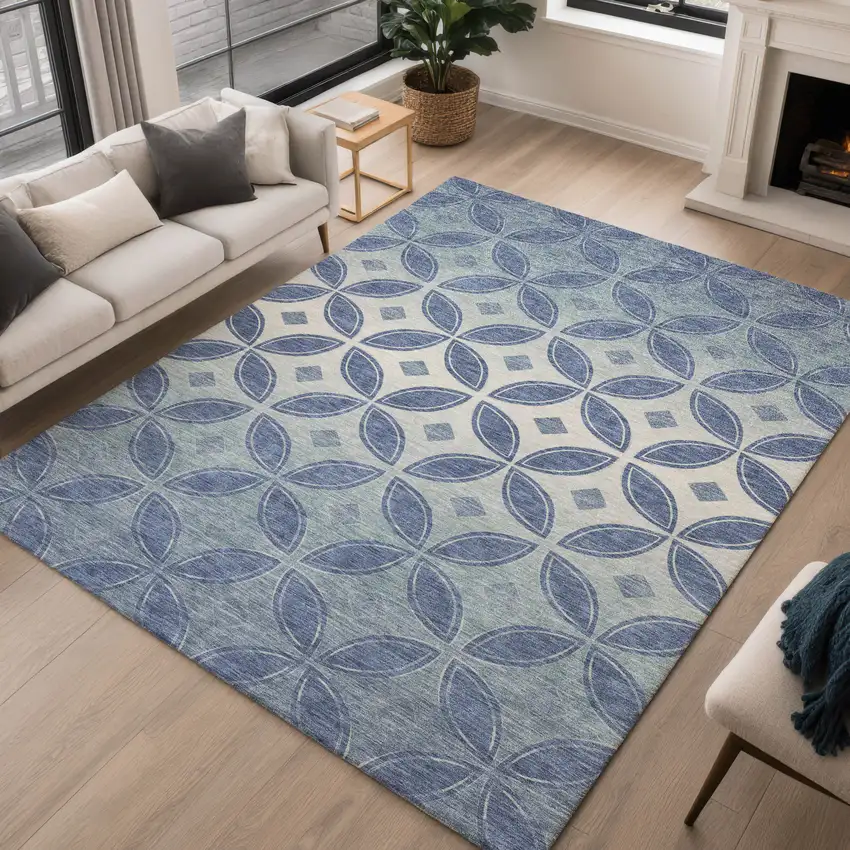 Teal Blue And Ivory Geometric Washable Indoor Outdoor Area Rug Photo 4