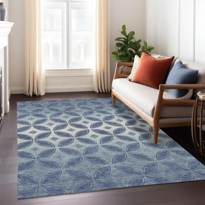 Teal Blue And Ivory Geometric Washable Indoor Outdoor Area Rug Photo 4