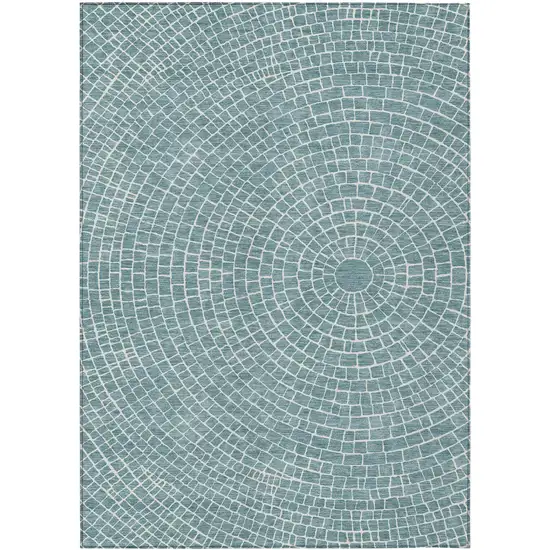 Teal Blue And Ivory Geometric Washable Indoor Outdoor Area Rug Photo 1
