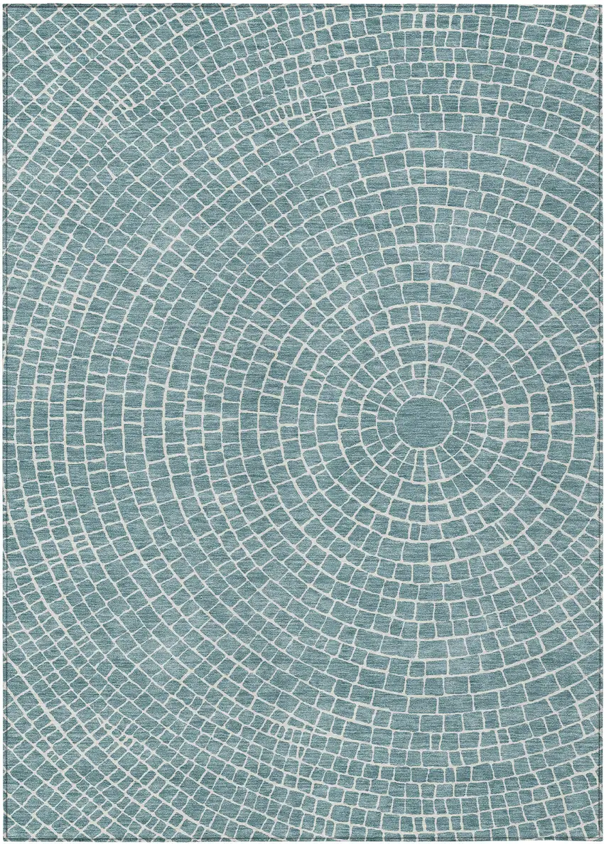 Teal Blue And Ivory Geometric Washable Indoor Outdoor Area Rug Photo 1