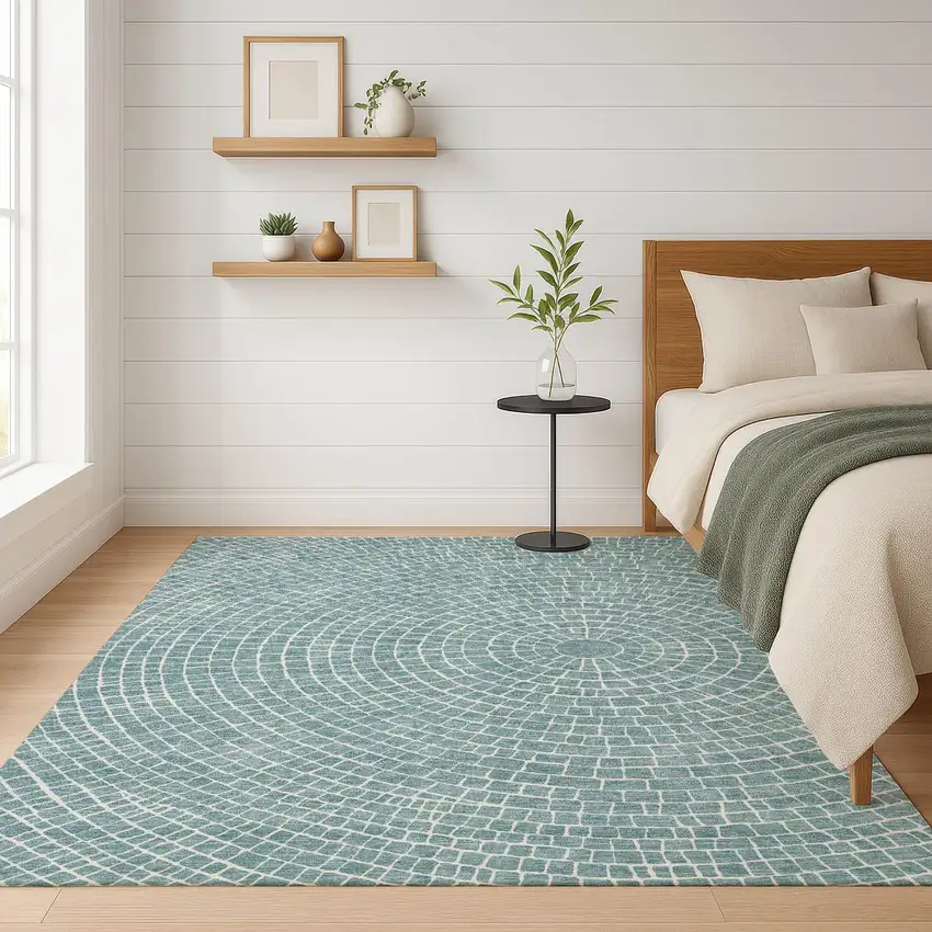 Teal Blue And Ivory Geometric Washable Indoor Outdoor Area Rug Photo 6
