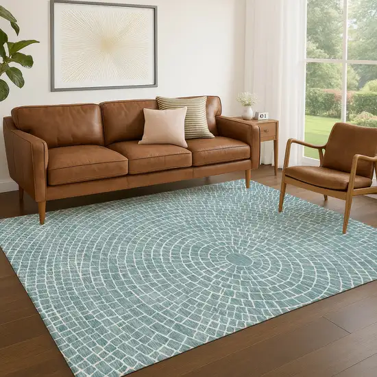 Teal Blue And Ivory Geometric Washable Indoor Outdoor Area Rug Photo 5