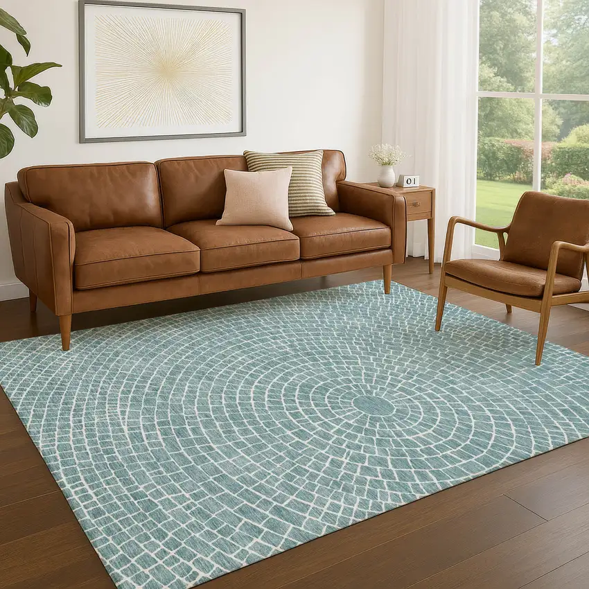 Teal Blue And Ivory Geometric Washable Indoor Outdoor Area Rug Photo 5