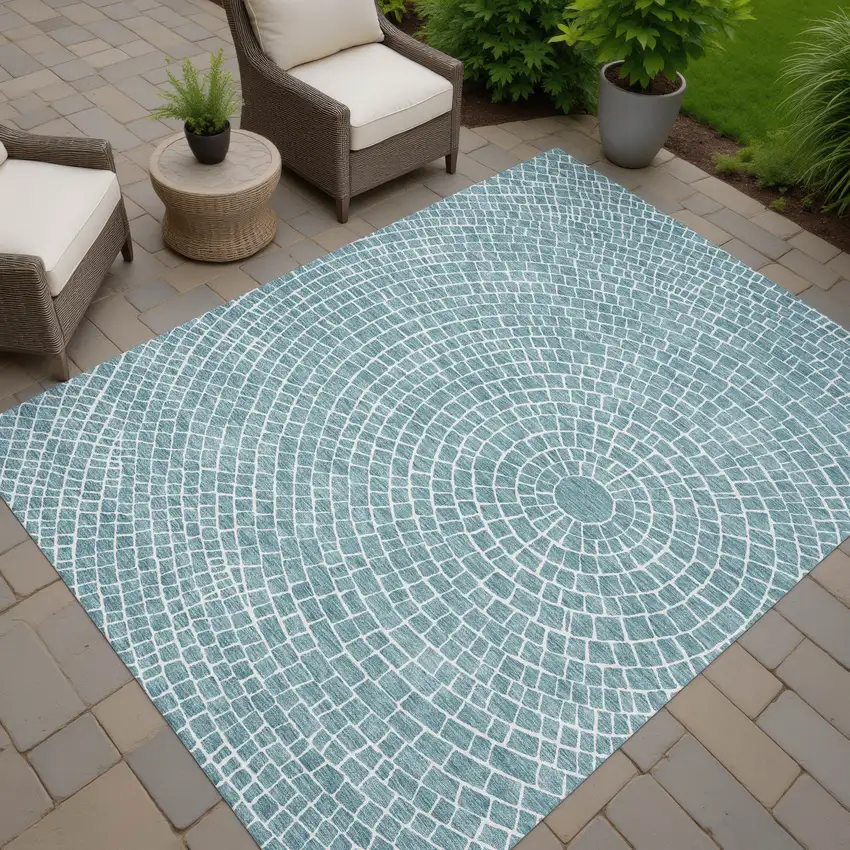 Teal Blue And Ivory Geometric Washable Indoor Outdoor Area Rug Photo 7