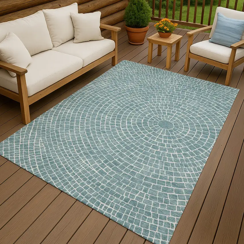 Teal Blue And Ivory Geometric Washable Indoor Outdoor Area Rug Photo 4
