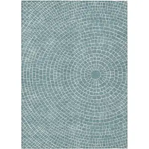 Photo of Teal Blue And Ivory Geometric Washable Indoor Outdoor Area Rug