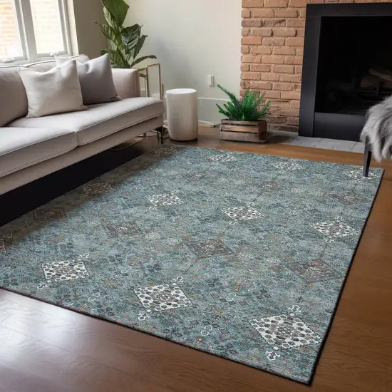 Teal Blue And Ivory Geometric Washable Indoor Outdoor Area Rug Photo 5