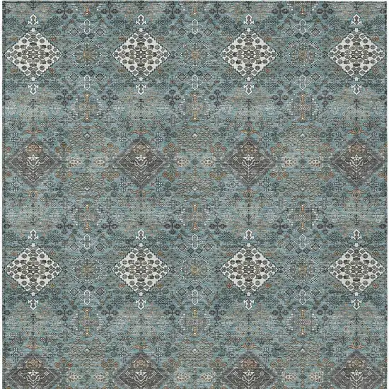 Teal Blue And Ivory Geometric Washable Indoor Outdoor Area Rug Photo 3