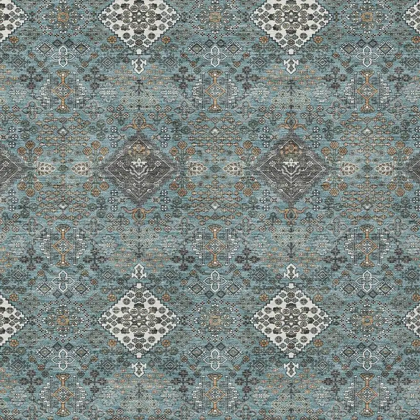 Teal Blue And Ivory Geometric Washable Indoor Outdoor Area Rug Photo 2