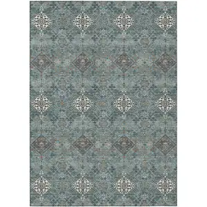 Photo of Teal Blue And Ivory Geometric Washable Indoor Outdoor Area Rug